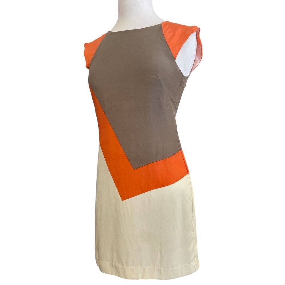 French Connection dress 100% silk Colorblock Sleeveless Geometric Orange Cream 4